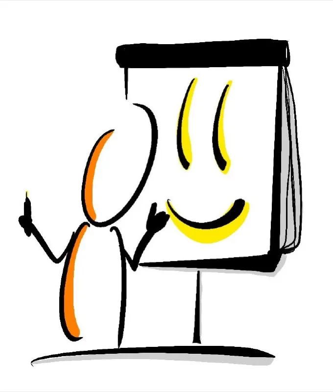 Illustration au feutre : un personnage anime un paperboard souriant, par Alban Montreuil