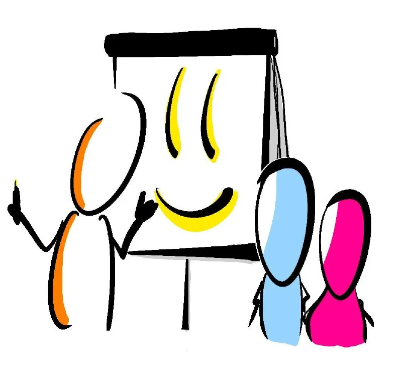 Illustration au feutre : un animateur fait vivre un paperboard souriant devant un petit groupe, par Alban Montreuil