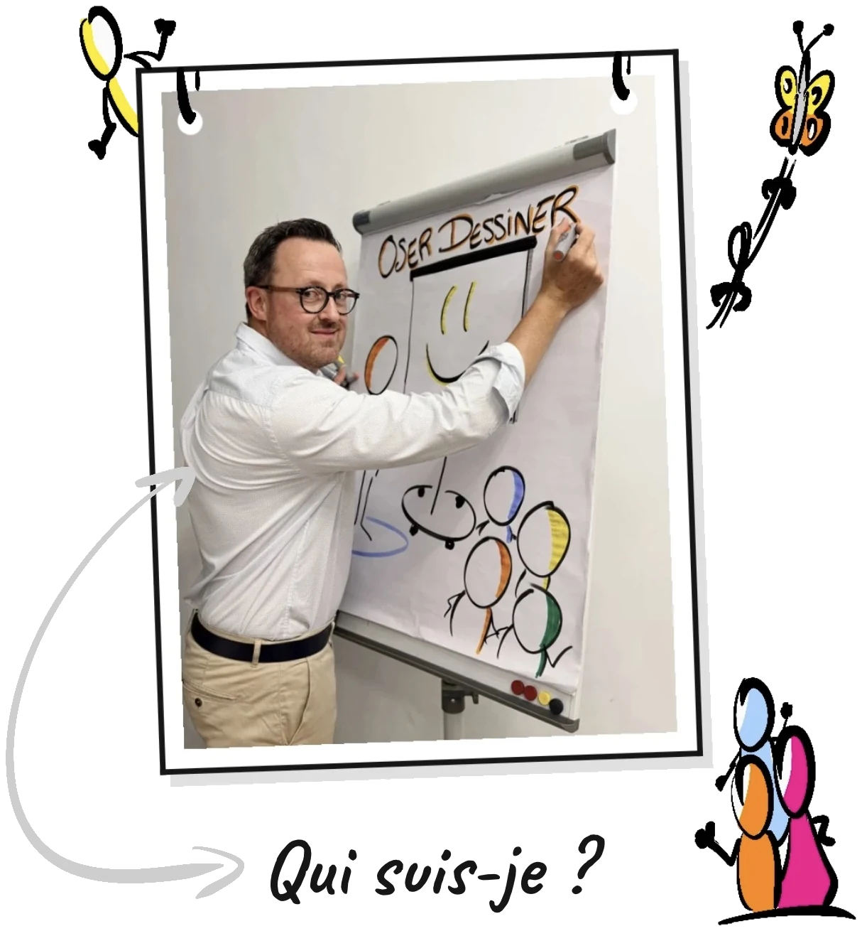 Alban Montreuil dessine « OSER DESSINER » au paperboard, entouré de ses personnages dessinés, sous le titre « Qui suis-je ? »
